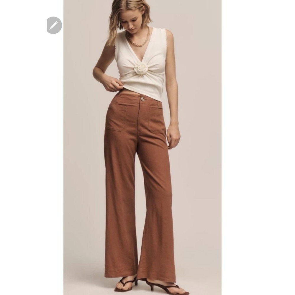 Maeve Anthropologie The Colette Soft Linen-Blend Wide Leg Pants Brown 28